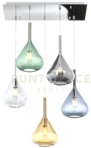 Sospensione cromo 5 luci rettangolare vetri tr + am + fu + ve + bl ...