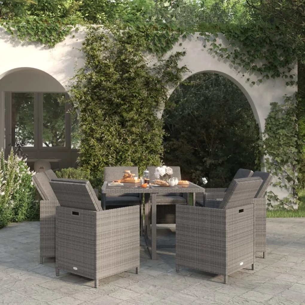 Set Pranzo da Giardino 9 pz con Cuscini in Polyrattan Grigio