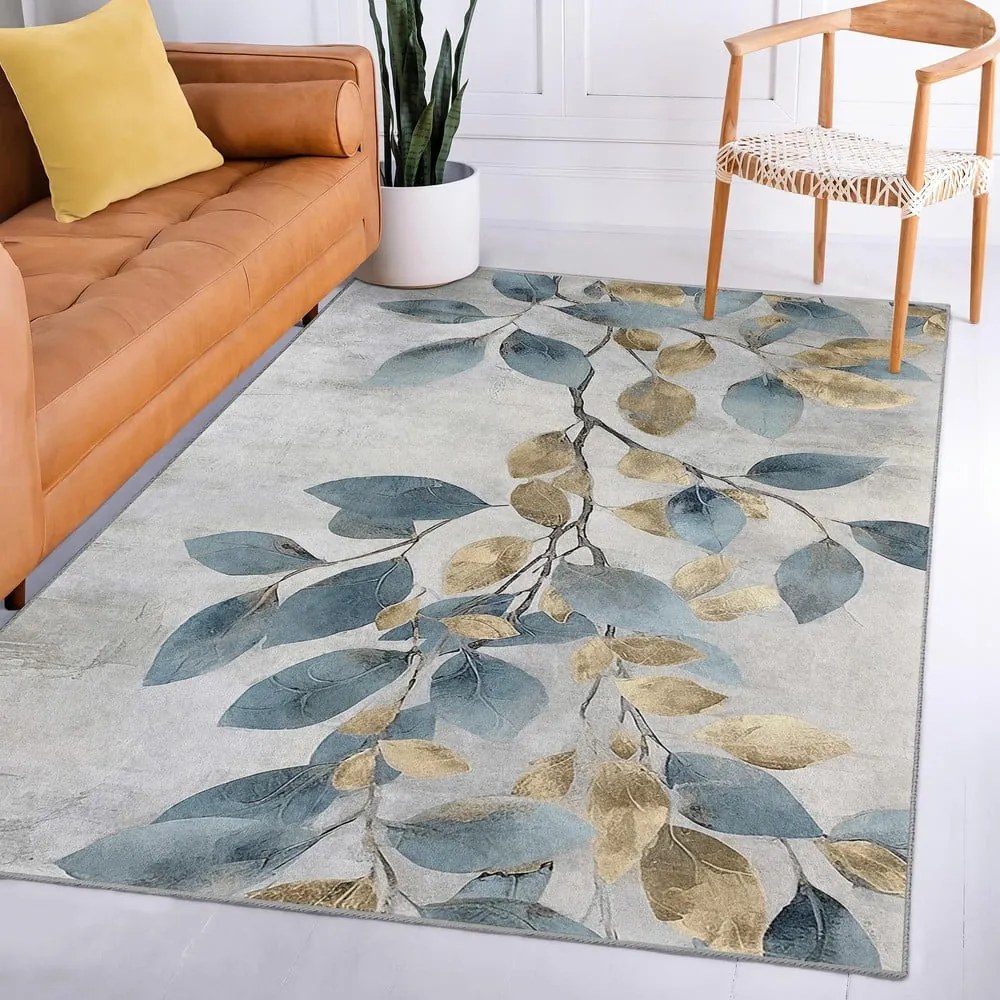 Tappeto azzurro/dorato lavabile 80x150 cm Golden Leaves – Mila Home