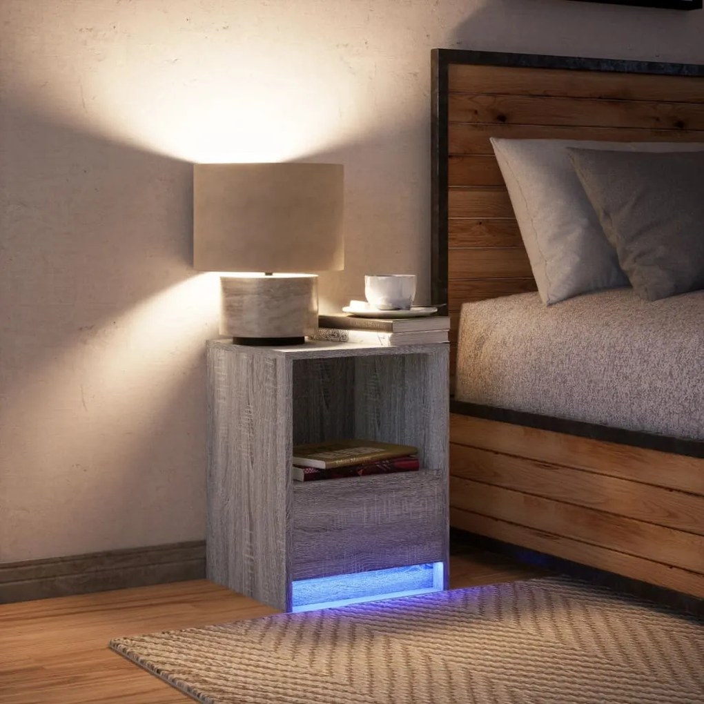 Comodino con luci led grigio sonoma in legno multistrato