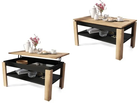 Tavolino pieghevole con piano sollevabile con mensola ADEN quercia/nero