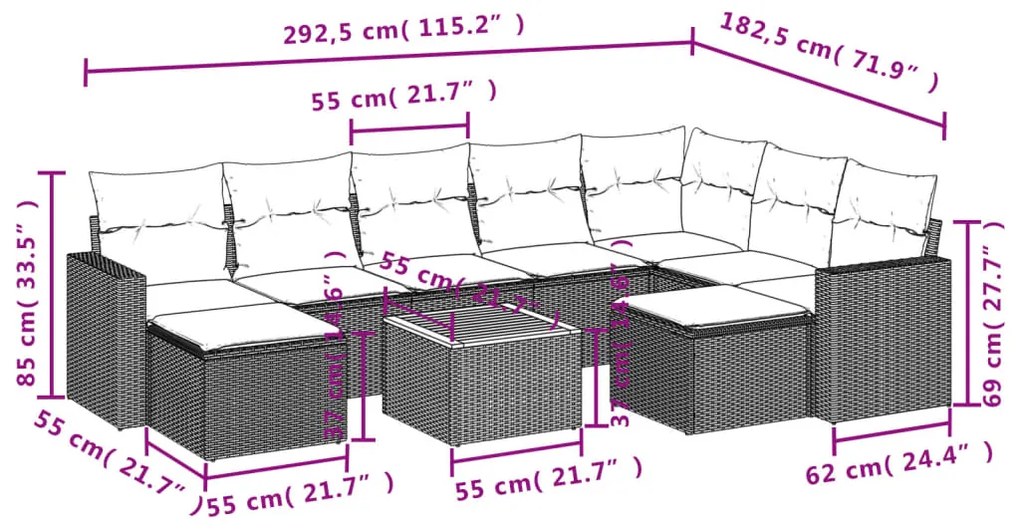 Set divano da giardino 10 pz con cuscini beige in polyrattan