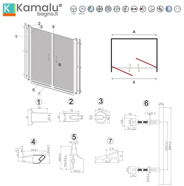 Kamalu - porta doccia saloon 65-70 cm profili neri altezza 200h | ksal2800an