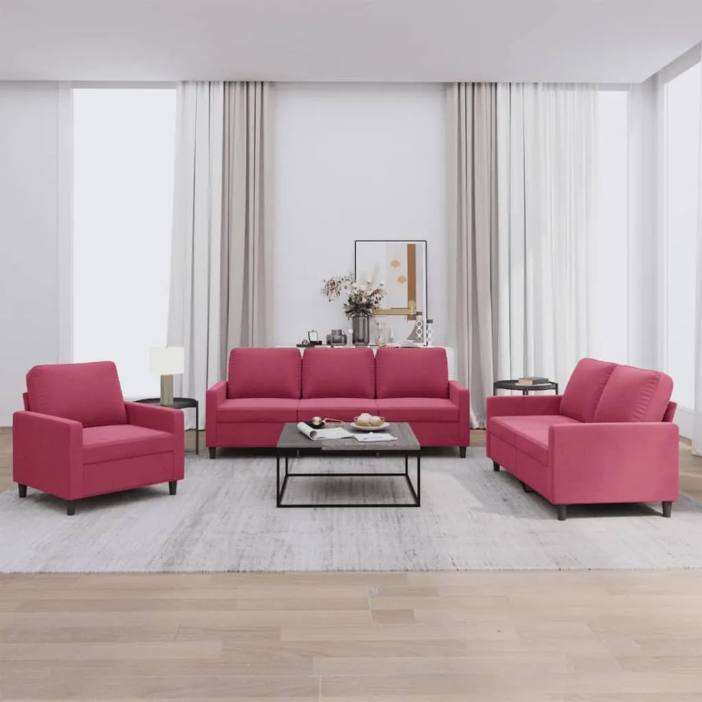 Set Di Divani 3 Pz Con Cuscini Rosso Vino İn Velluto /
