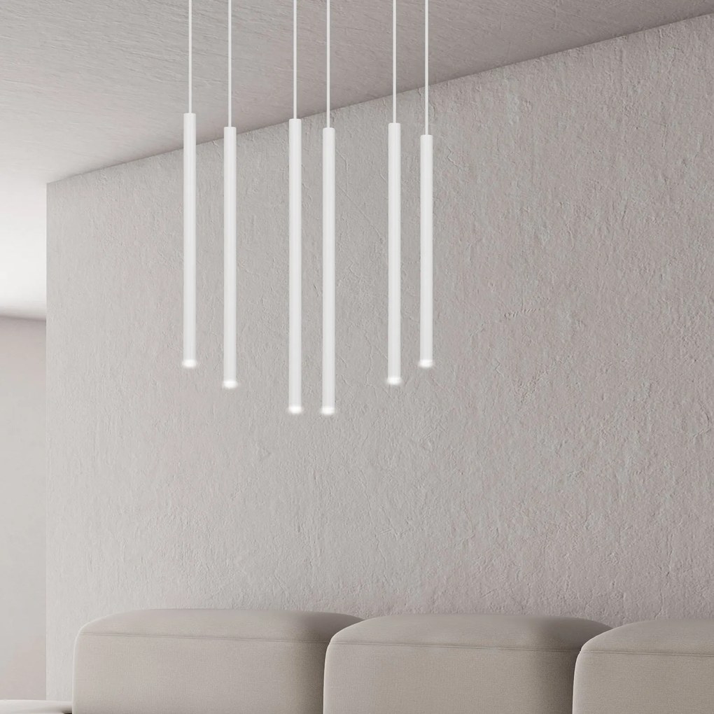 Lampadario 6 Luci Moderno Selter Acciaio Bianco E Paralumi A Cilindri Sottili