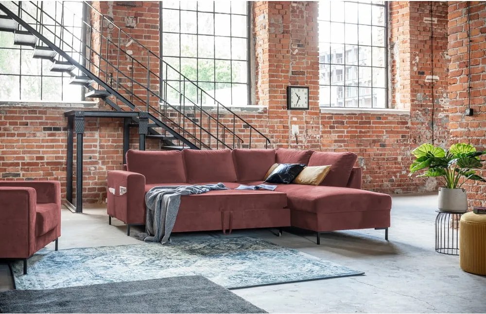 Divano letto angolare in velluto rosa (angolo destro) Lofty Lilly - Miuform