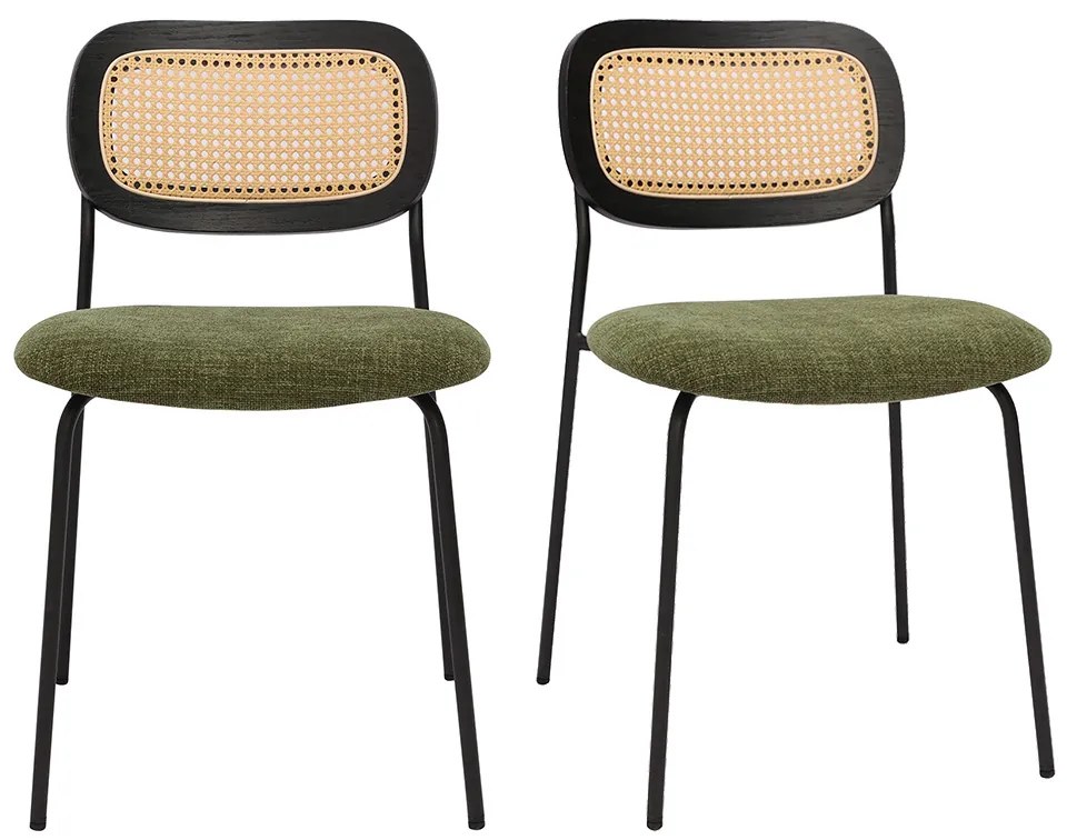 Sedie design in tessuto effetto velluto testurizzato verde kaki, metallo nero e intreccio di rattan (set di 2) MIRANDA