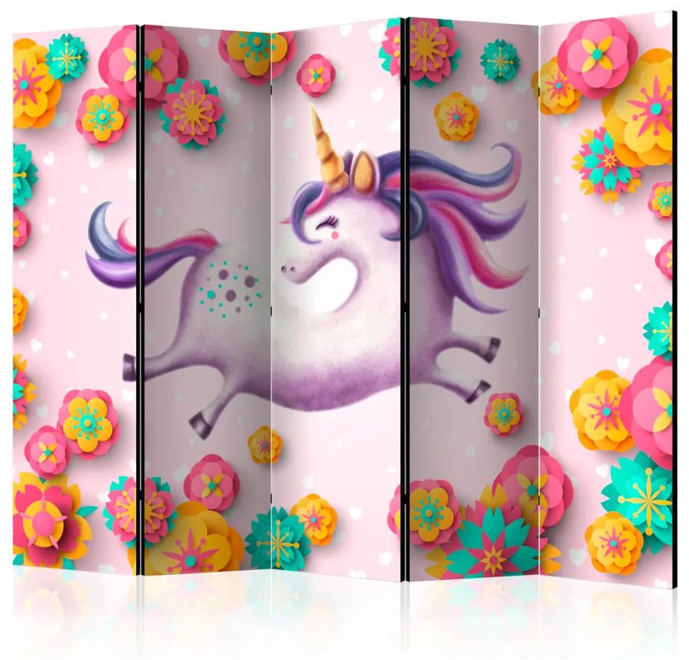 Paravento separè Unicorno flessuoso II - unicorno fantasy su sfondo colorato con fiori