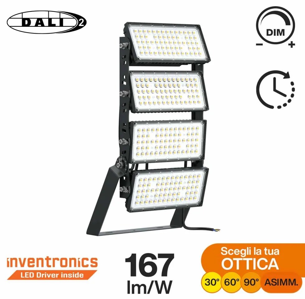 Faro Modulare LED 800W IP66, 167lm/W, Dimmerabile DALI - INVENTRONICS Colore  Bianco Naturale 4.000K, Scegli l'angolo di illuminazione 60°, Scegli le staffe dei moduli Orientabili