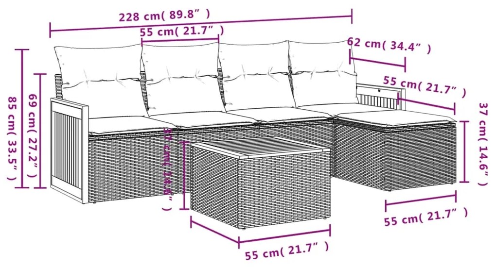 Set divano da giardino 6 pz con cuscini beige in polyrattan