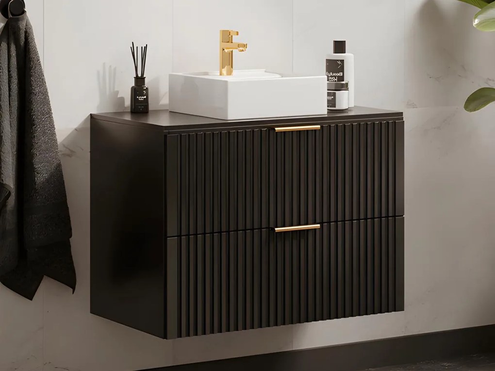 Mobile per bagno sospeso con scanalature e lavabo da appoggio 80 cm Nero - ZEVARA