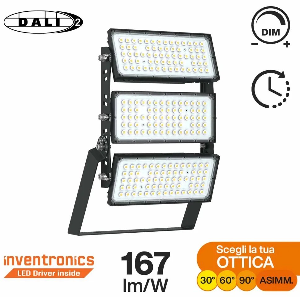 Faro Modulare LED 600W IP66, 167lm/W, Dimmerabile DALI - INVENTRONICS Colore Bianco Naturale 4.000K, Scegli l'angolo di illuminazione 30°, Scegli le staffe dei moduli Orientabili