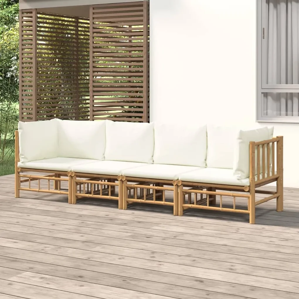 Set salotto da giardino 4pz con cuscini bianco crema in bambù