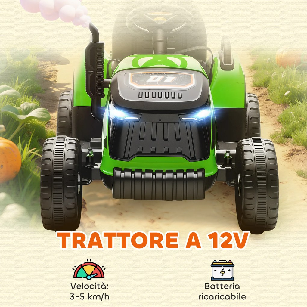 Trattore Elettrico per Bambini 12V con Rimorchio Staccabile 139x58x55 cm e Telecomando Verde...
