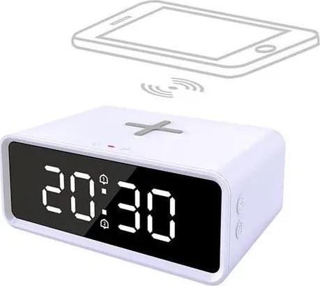 Solight CA07W - Orologio digitale con caricatore wireless Qi 230V/CR2032 bianco