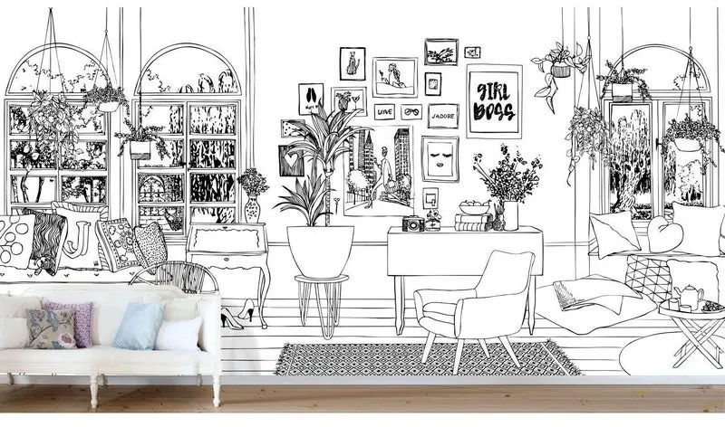 Fotomurale ESTA Disegno sala pranzo 2, nero fondo bianco 186X280 cm