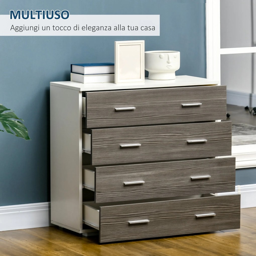 Cassettiera 4 Cassetti con Maniglie in Alluminio e Struttura in Legno 76x35x72 cm Bianco Grigio...