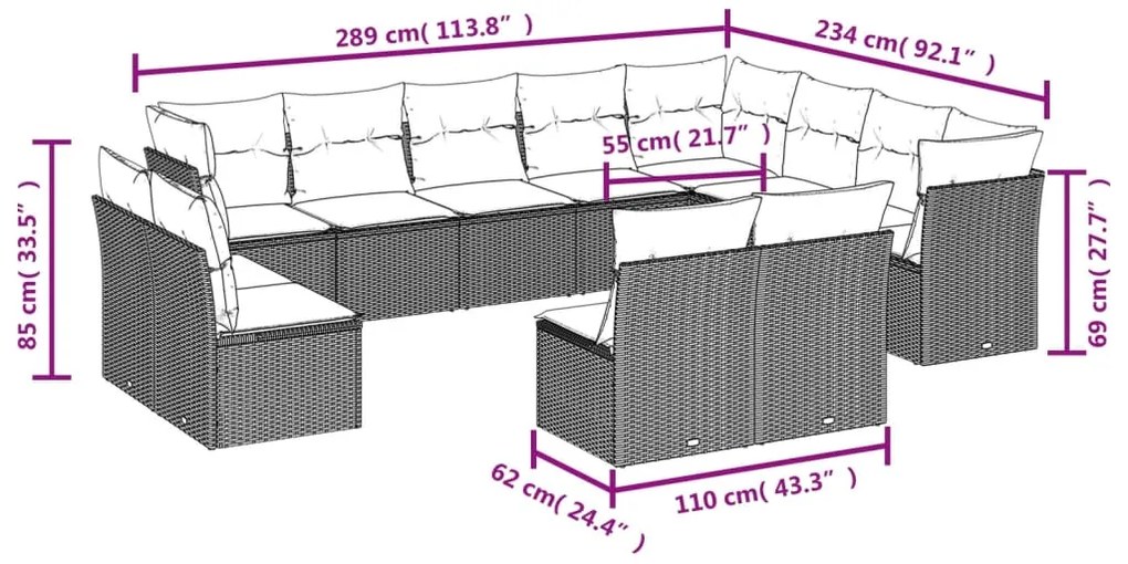 Set divani da giardino 12 pz con cuscini beige in polyrattan