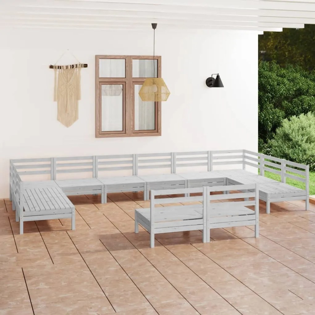 Set salotto da giardino 12 pz bianco in legno massello di pino