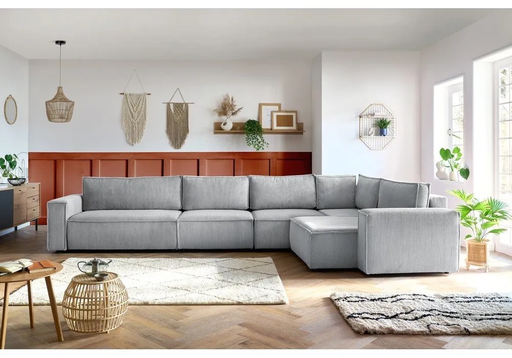 Divano angolare in velluto a coste grigio chiaro, angolo destro Nihad modular - Bobochic Paris