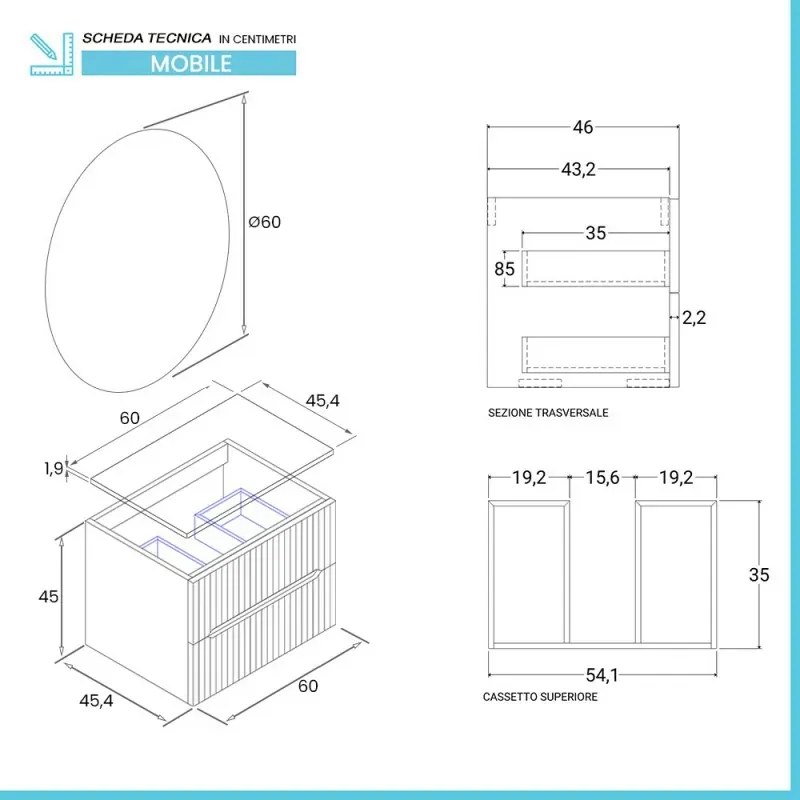 Mobile bagno sospeso cannettato 60 cm noce con top e specchio Bali