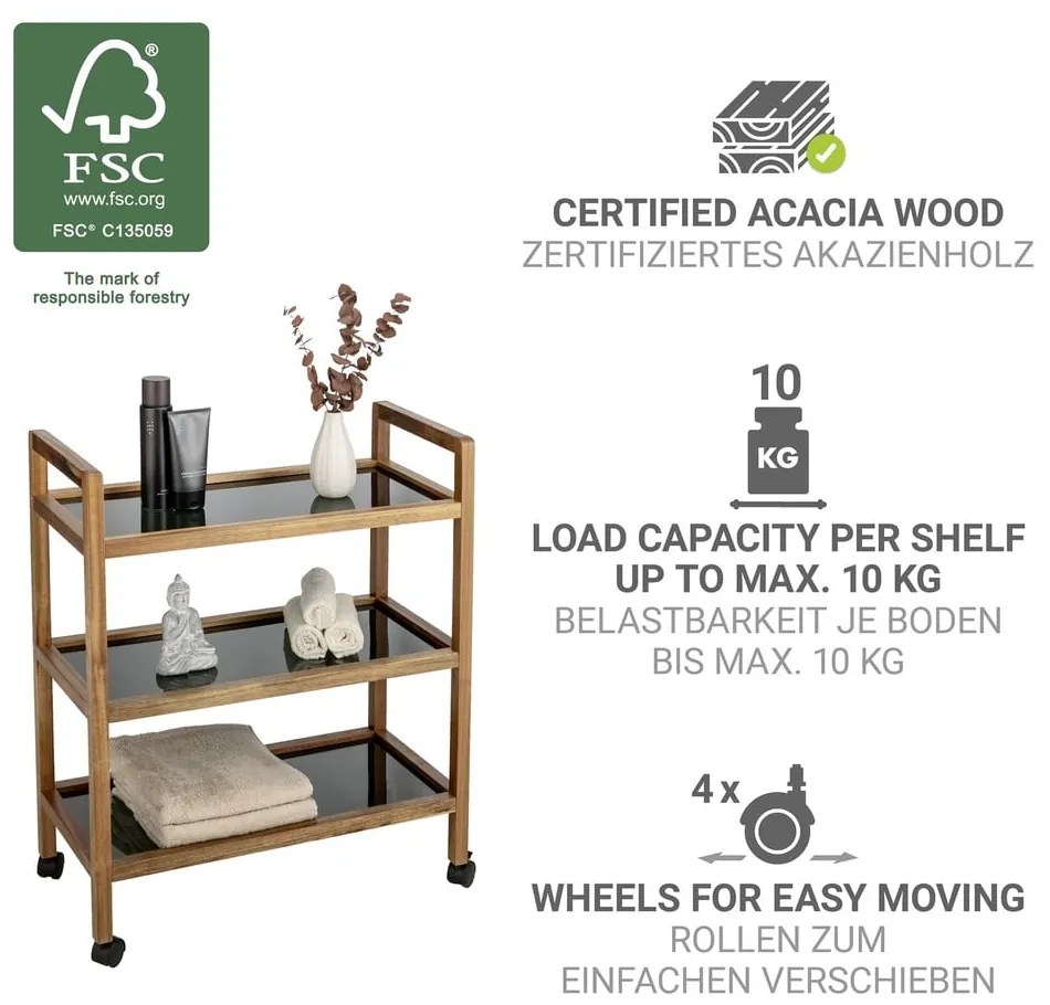 Scaffale per il bagno nero/di colore naturale in acacia massiccia 65x76,5 cm Fondi – Wenko