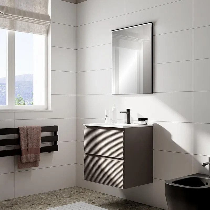 Mobile da bagno sospeso Step rigato taupe con lavabo in ceramica bianco, con 2 cassetti a chiusura ammortizzata L61 P46 H60cm