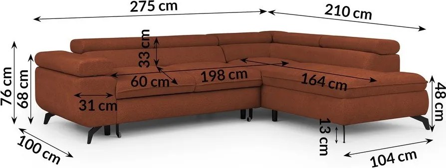 Divano angolare color terracotta (con penisola a destra/a L) con rivestimento in ciniglia Marbeya – Ropez