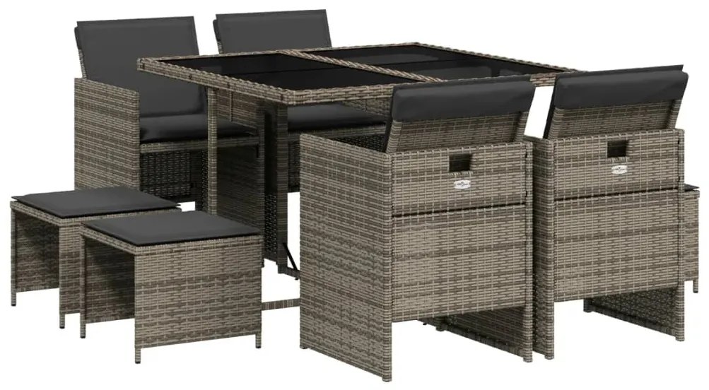 Set da pranzo da giardino 9 pz con cuscini in polyrattan grigio