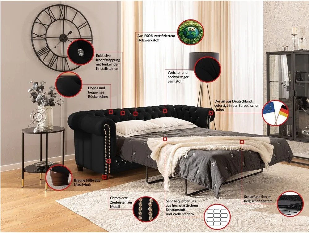 Divano nero allungabile con rivestimento in velluto 203 cm York Blik – Ropez