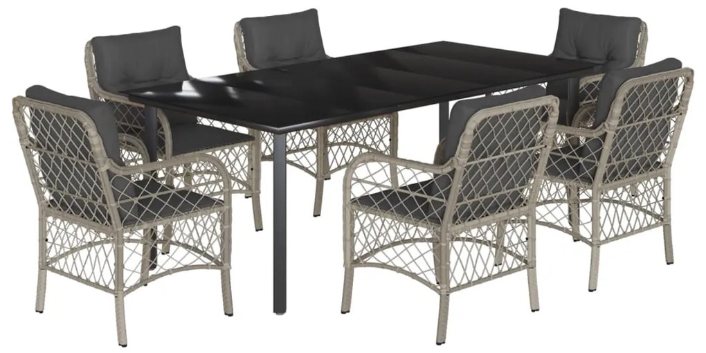 Set da pranzo da giardino 7 pz cuscini polyrattan grigio chiaro