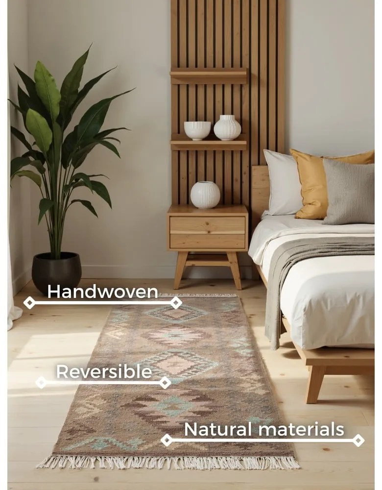 Passatoia azzurra/beige in lana reversibile/tessuta a mano 60x190 cm Kamal Dune – Nouristan