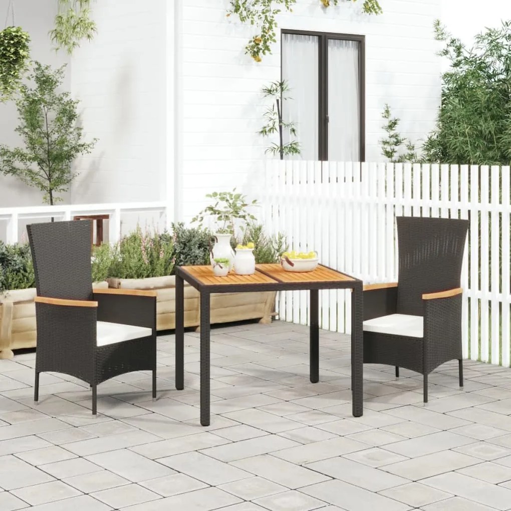 Set da Pranzo da Giardino 3 pz con Cuscini Nero in Polyrattan