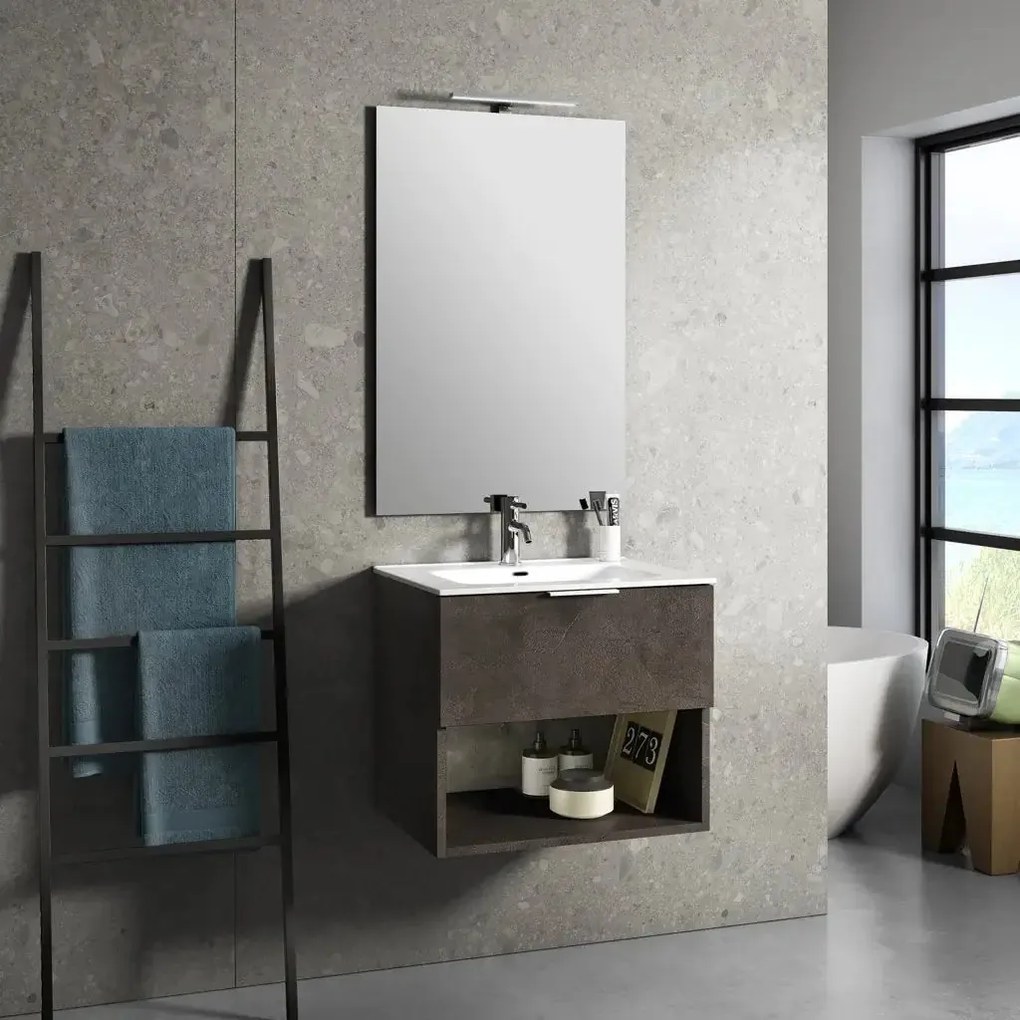 Mobile Bagno 60cm Sospeso Con Cassetto, Vano E Specchio