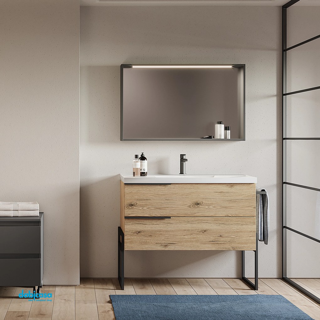 Mobile Bagno Da Terra "Febe 2" Da 100 Con Due Cassetti Lavabo E Specchio C/Cornice e Barra Led