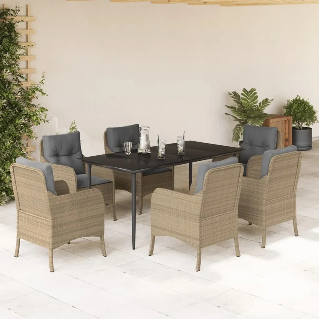 Set da pranzo da giardino 7 pz con cuscini beige in polyrattan