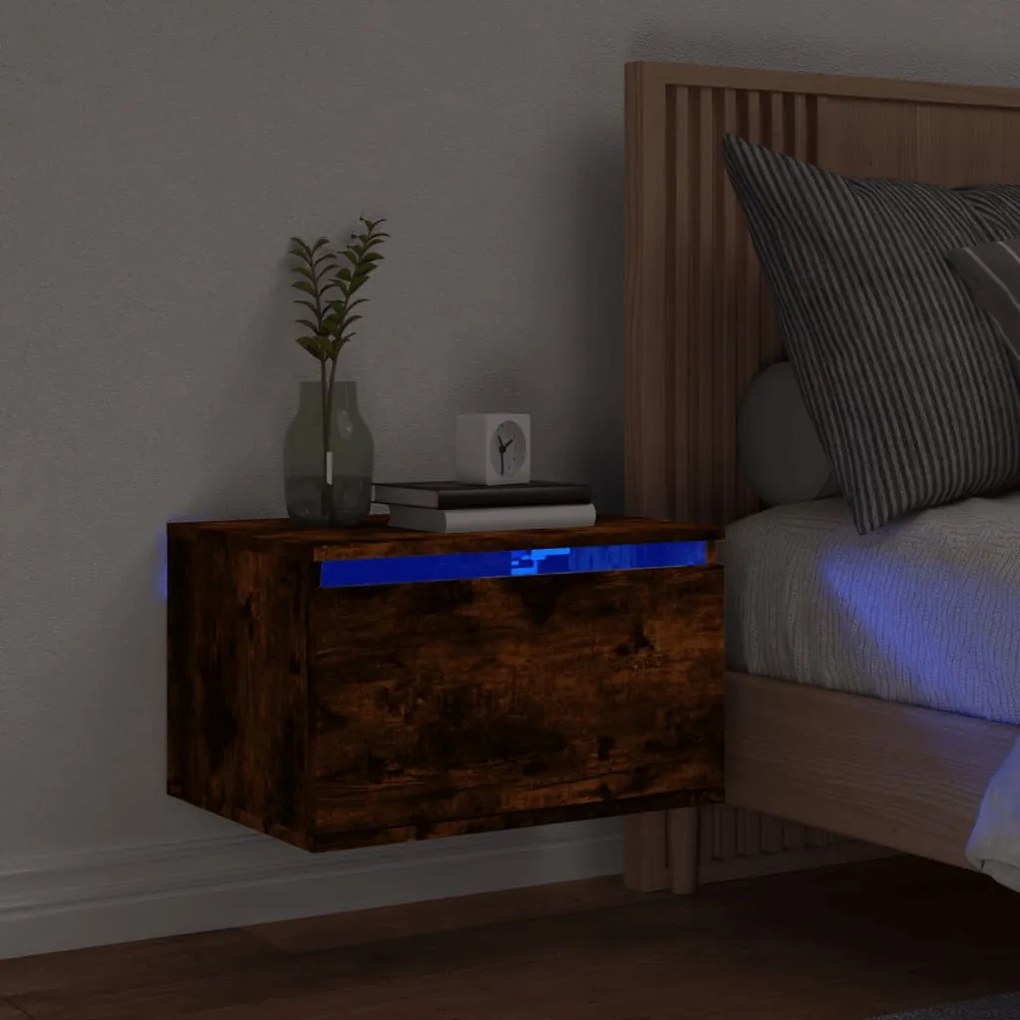 Comodino A Parete Con Luci Led Rovere Fumo /