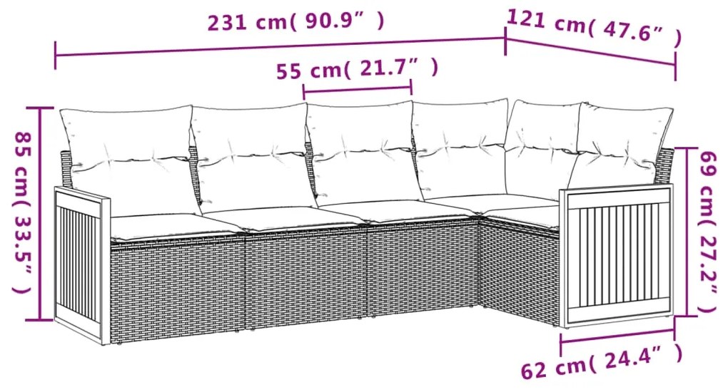 Set divani da giardino 5 pz con cuscini in polyrattan nero