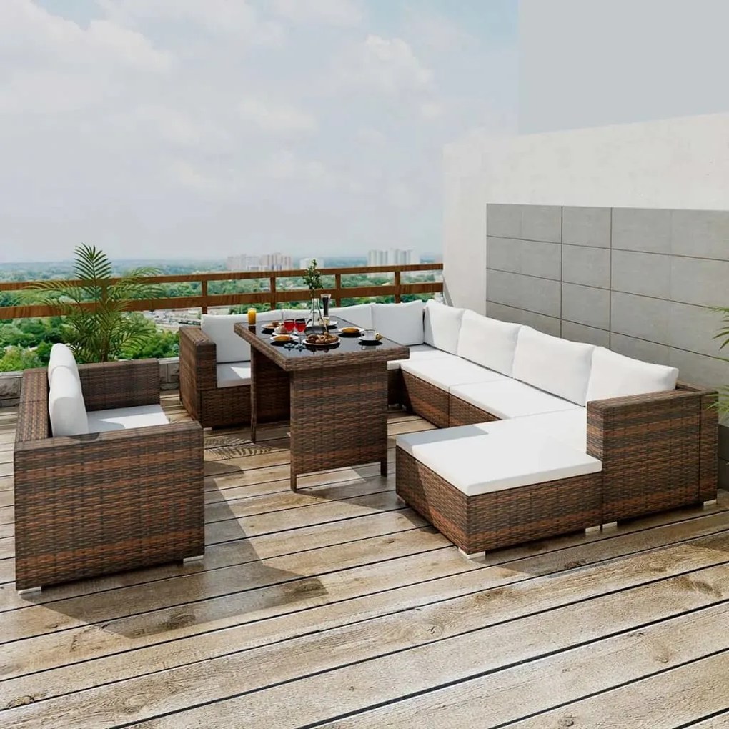 Set divani da giardino 10 pz con cuscini in polyrattan marrone