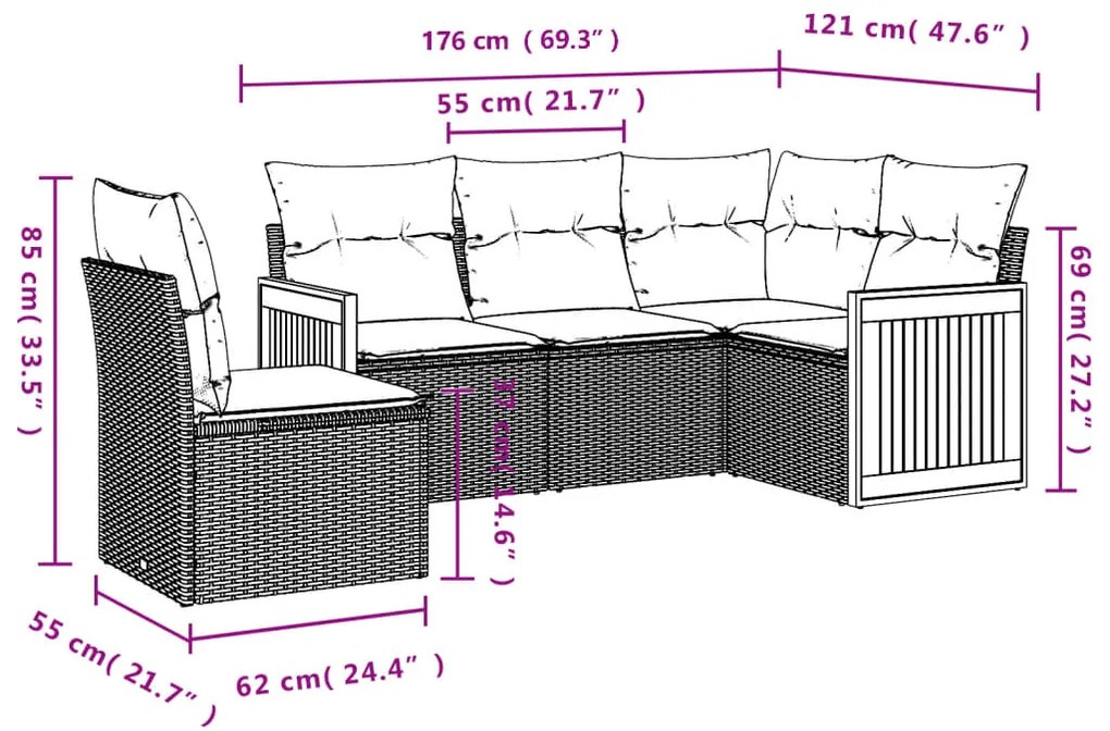 Set divano da giardino 5 pz con cuscini grigio in polyrattan