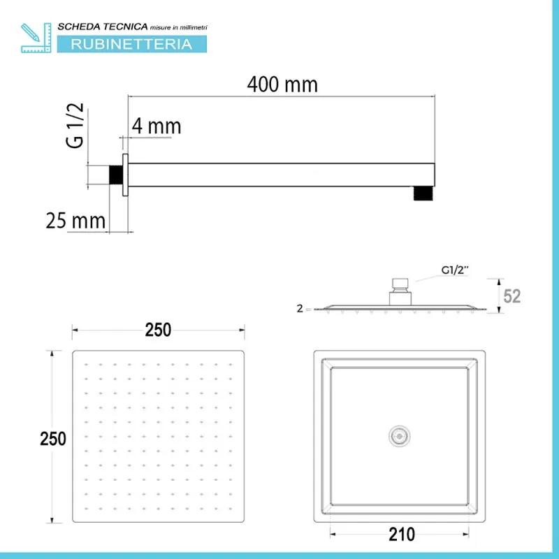 Kit doccia quadrato ottone cromo flex PVC + soffione acciaio inox 25x25 cm + braccio 40 cm