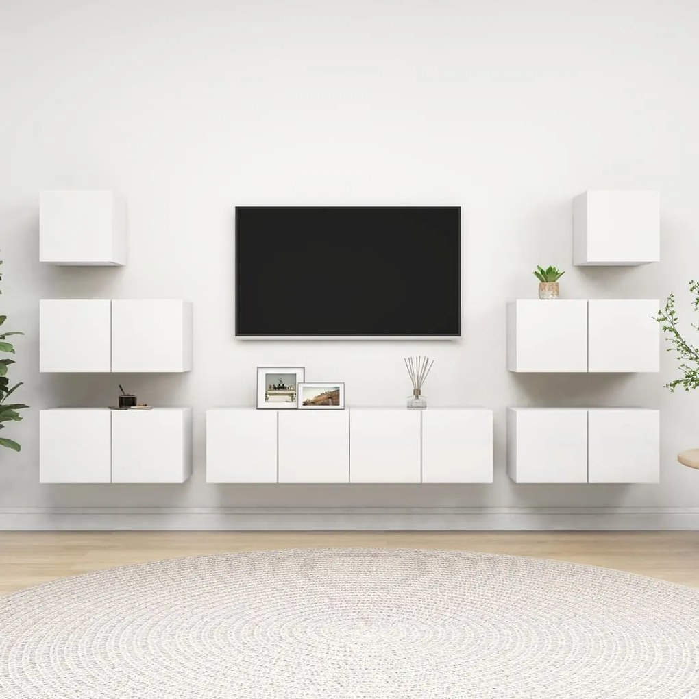 Set Mobili Porta Tv 8 Pz Bianco İn Legno Multistrato /