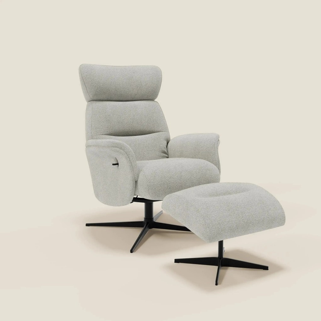 Lunor Poltrona relax reclinabile con pouf poggia-piedi in tessuto bouclé impermeabile T07 bianco