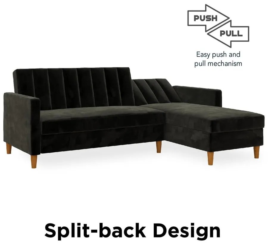 Divano letto variabile nero con superficie in velluto e vano portaoggetti Celine - Støraa