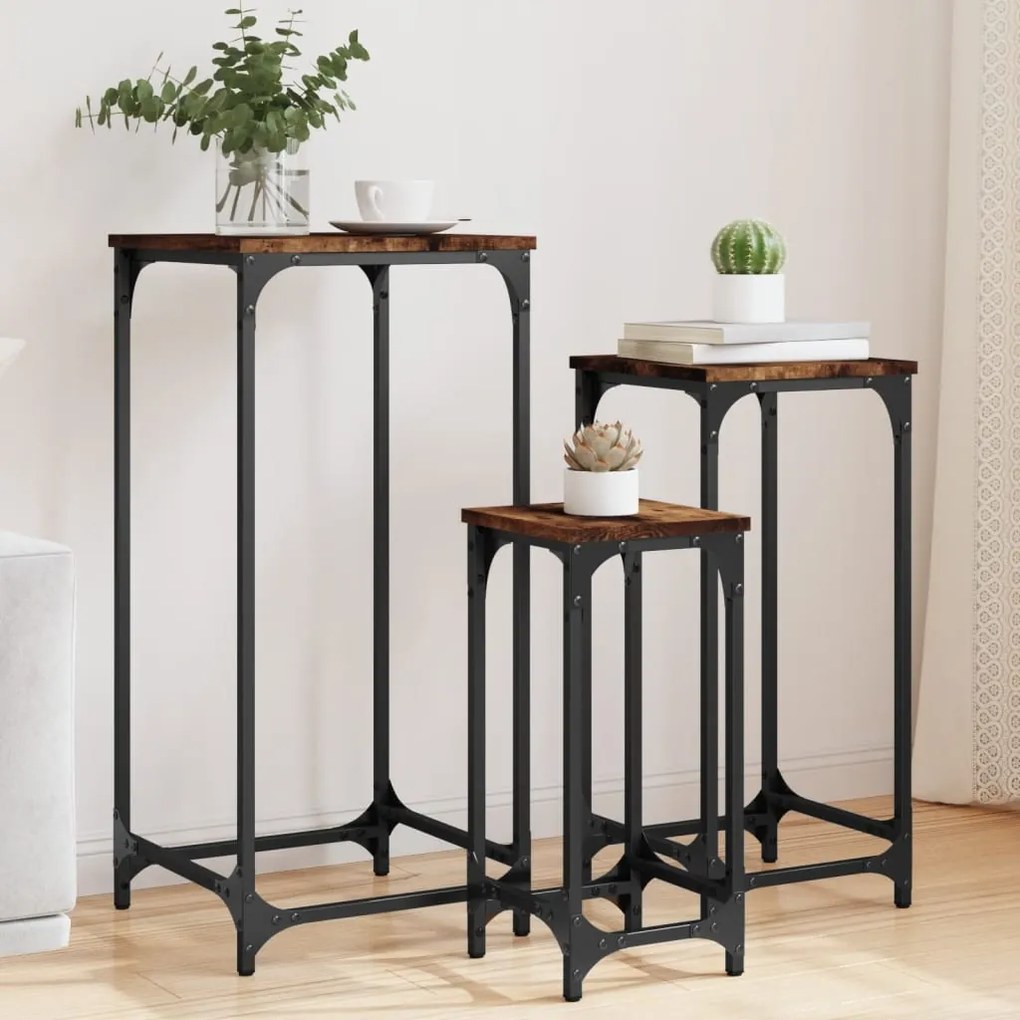 Tavolini Impilabili 3 Pz Rovere Fumo İn Legno Multistrato /