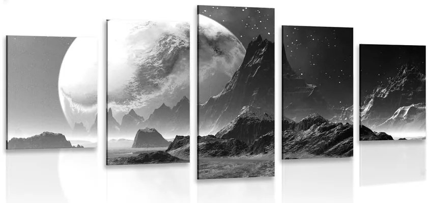 Quadri 5 pezzi – Paesaggio fantastico in bianco e nero