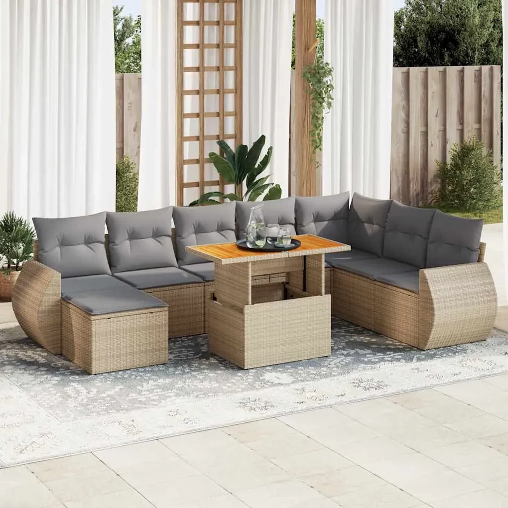 Set divano da giardino 9 pz con cuscini beige in polyrattan