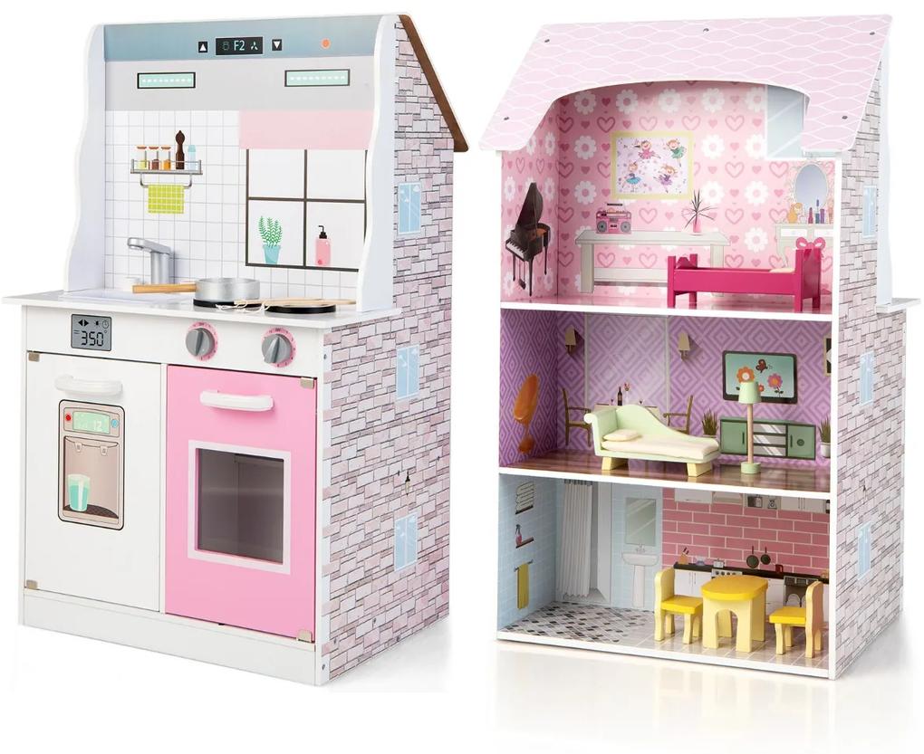 Costway Casa delle bambole e cucina 2 in 1 con mobili e accessori, Set giocattolo delle bambole di legno Rosa