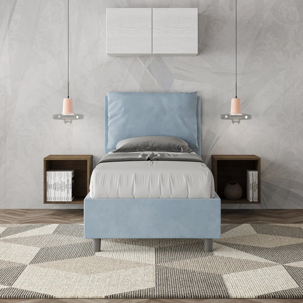 Letto singolo imbottito 80x200 microfibra Antea senza rete, con rete e contenitore, Azzurro / Contenitore