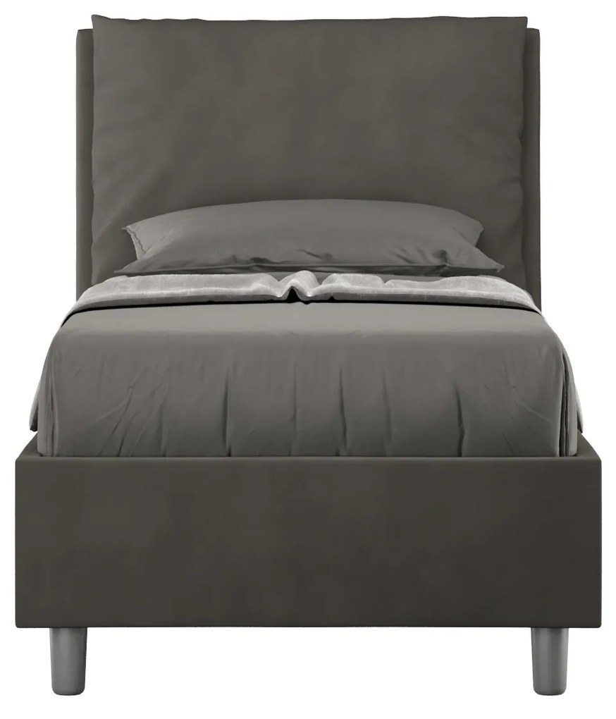 Letto singolo imbottito 80x200 microfibra Antea senza rete, con rete e contenitore, Grigio / Contenitore